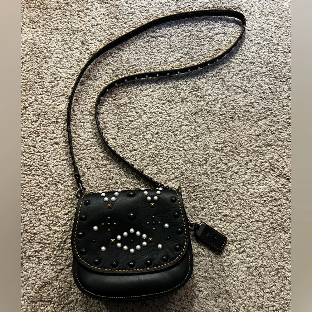 Coach VINTAGE Black Leather Crossbody Bag with Studs and‎ Pearls